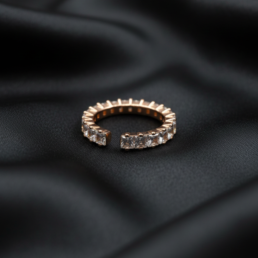 Rivansh aurora crystal arc pointed v-chevron eternity micro-pave band ring in 925 fine silver on silk cloth
