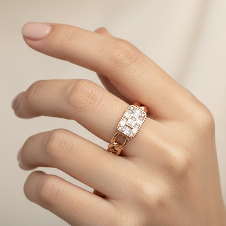 Rivansh bold chain link silhouette statement ring finished in warm 24k gold plating over a solid silver base on finger