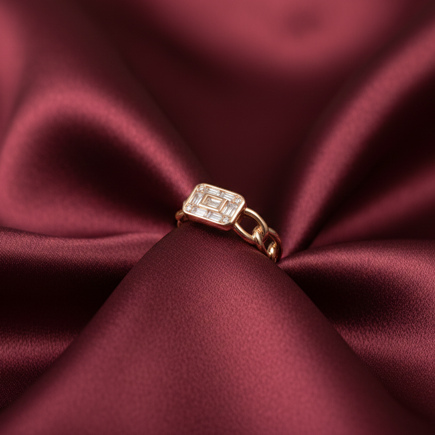 Rivansh bold chain link silhouette statement ring finished in warm 24k gold plating over a solid silver base on silk cloth