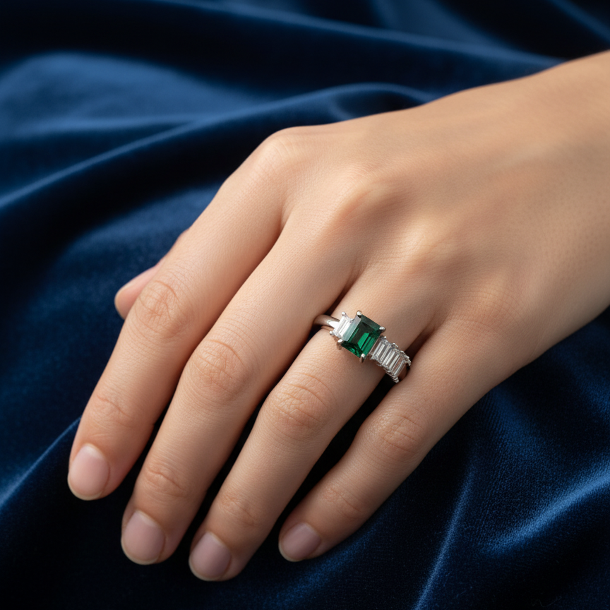 Rivansh horizontal bar stack ring in certified 925 silver set with clean pavé crystal highlights on female model