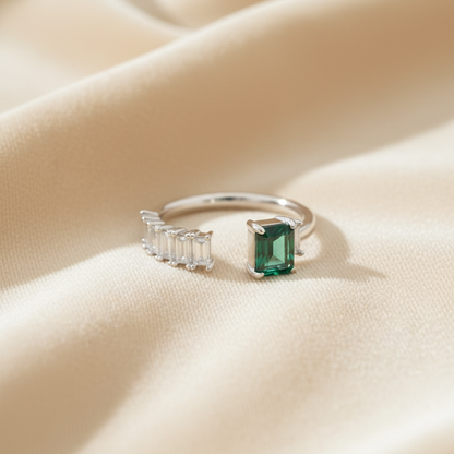 Rivansh horizontal bar stack ring in certified 925 silver set with clean pavé crystal highlights on silk cloth