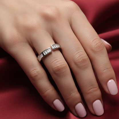 Rivansh linear channel ring in silver with calibrated AAA Cubic Zirconia on a model hand