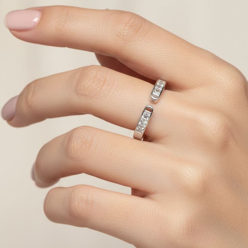 Rivansh modern openwork geometric cutout statement band in mirror-polished 925 silver on model hand
