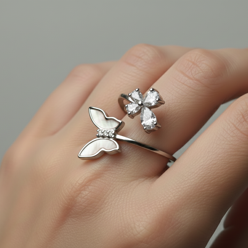 Rivansh moonlight star cluster arrangement statement ring in rhodium electroplated 925 silver.