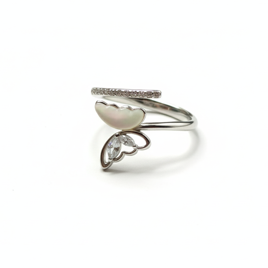 Rivansh openwork filigree butterfly ring in certified 925 silver set with fine point AAA Cubic Zirconia highlights.