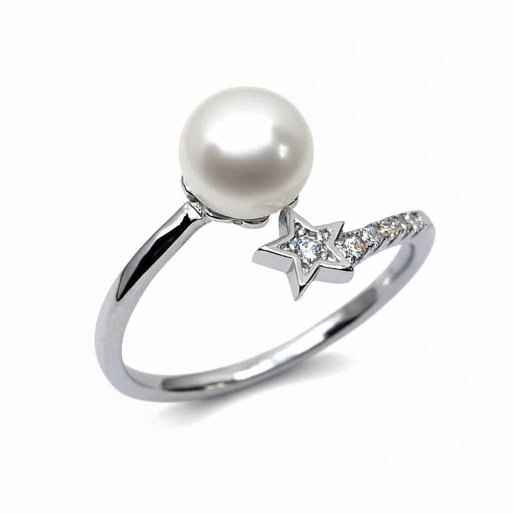 Rivansh pearl star cluster ring combining a genuine center freshwater pearl with small AAA Cubic Zirconia star points in 925 silver.