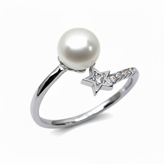 Rivansh pearl star cluster ring combining a genuine center freshwater pearl with small AAA Cubic Zirconia star points in 925 silver.