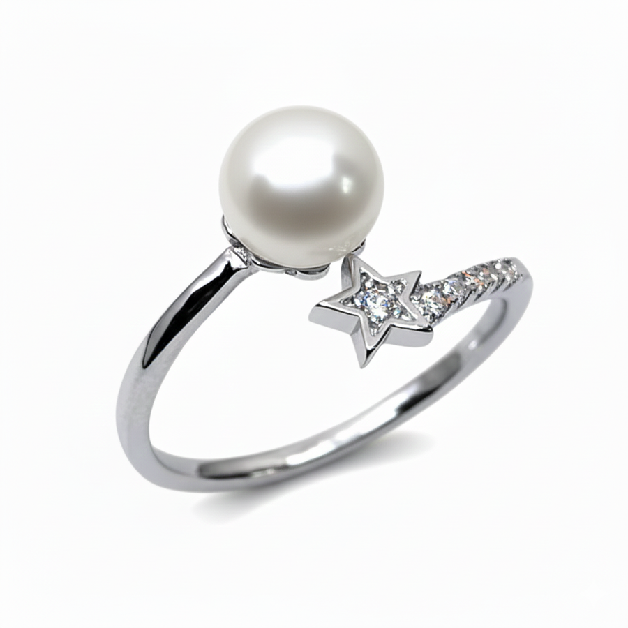 Rivansh pearl star cluster ring combining a genuine center freshwater pearl with small AAA Cubic Zirconia star points in 925 silver.