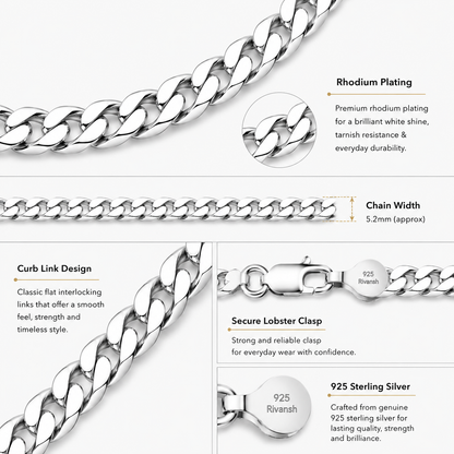 Rivansh premium 925 sterling silver chain necklace featuring high-polish shine, hypoallergenic design, and durable rhodium plating