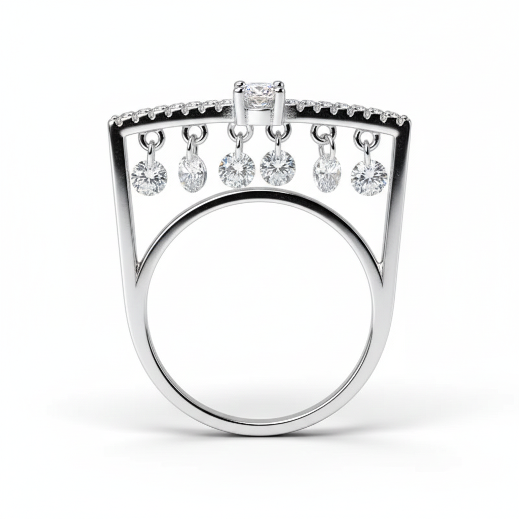 Rivansh regalia crown tiara ring in polished 925 silver set with brilliant AAA Cubic Zirconia peaks.