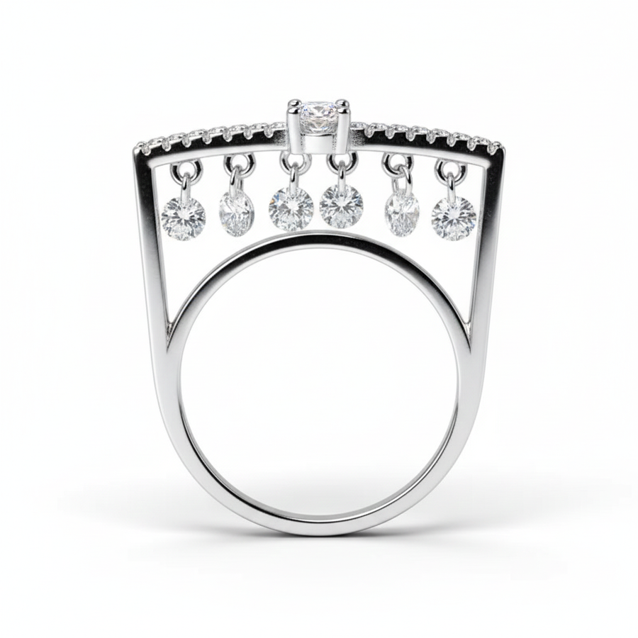 Rivansh regalia crown tiara ring in polished 925 silver set with brilliant AAA Cubic Zirconia peaks.