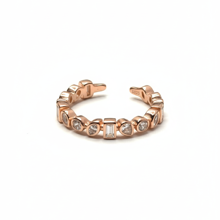 Rivansh rose gold plated fine stacking band ring featuring a continuous line of micro-pave zircon accents.