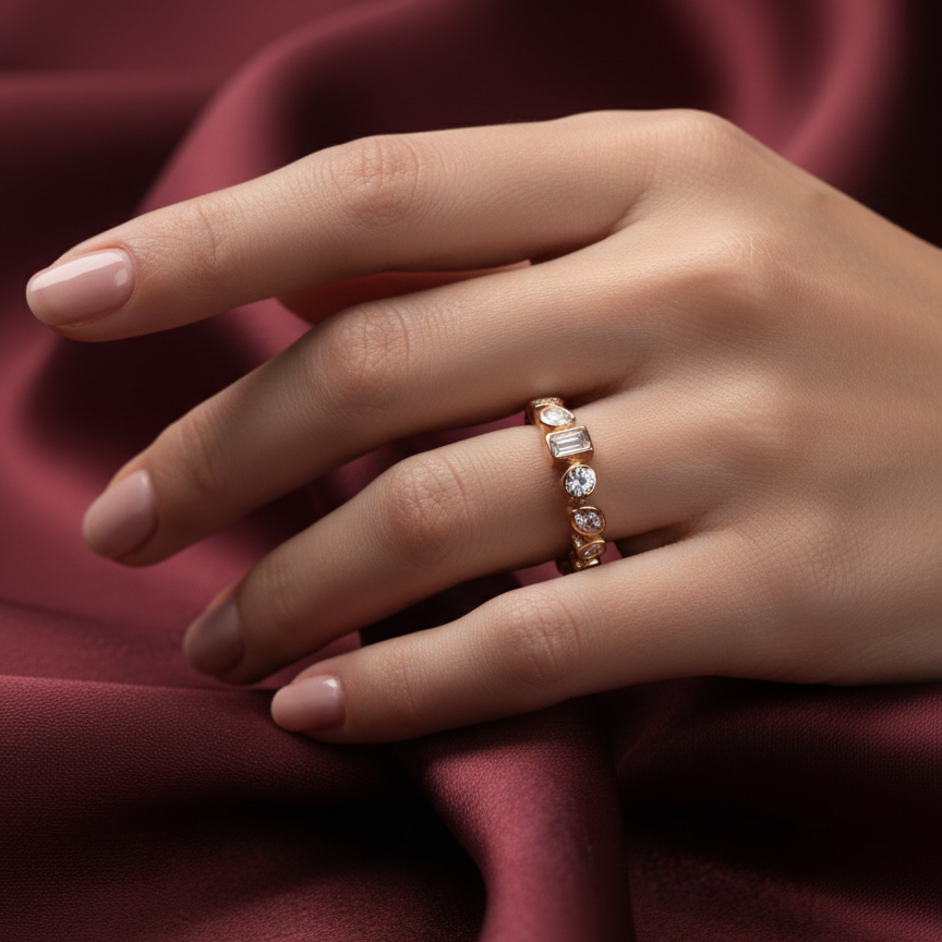 Rivansh rose gold plated fine stacking band ring featuring a continuous line of micro-pave zircon accents on a beautiful female model hand