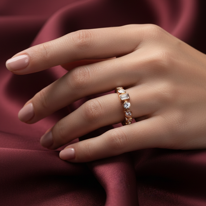Rivansh rose gold plated fine stacking band ring featuring a continuous line of micro-pave zircon accents on a beautiful female model hand