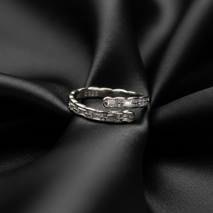 Rivansh star solitaire ring in pure 925 silver featuring a polished twisted rope band setting on black silk cloth