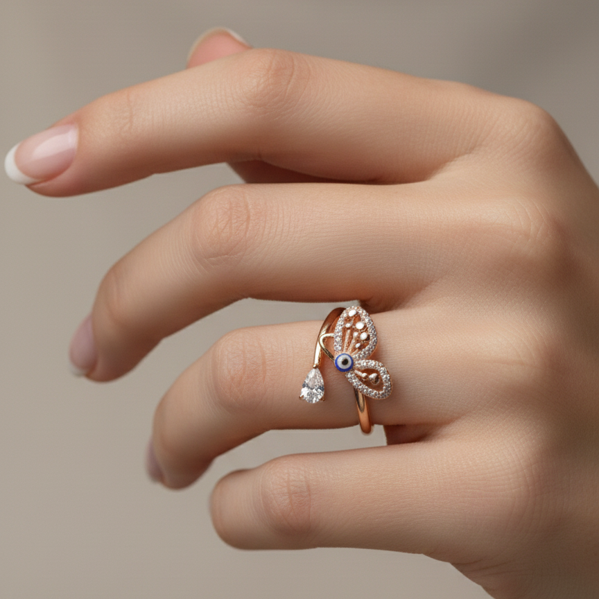 Rivansh v-shape contoured curved tiara ring in 925 silver decorated with micro-pave brilliant stones on model ring