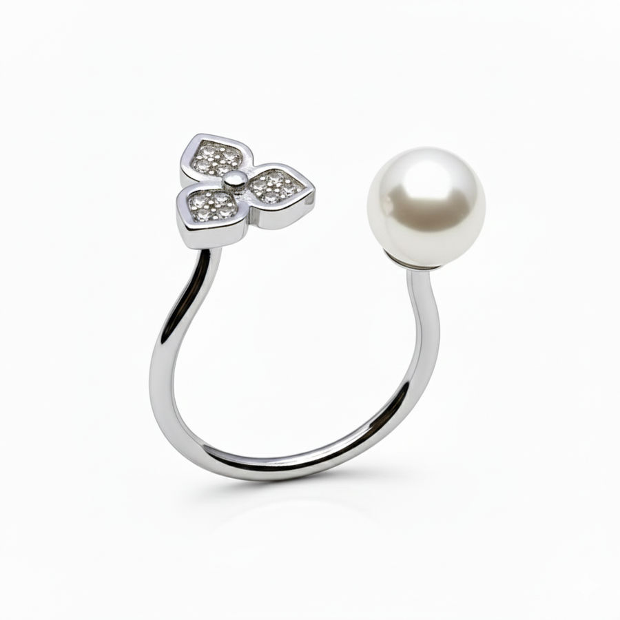 Rivansh white pearl vintage crown ring in detailed rope-rimmed 925 silver holding a genuine cultured pearl.