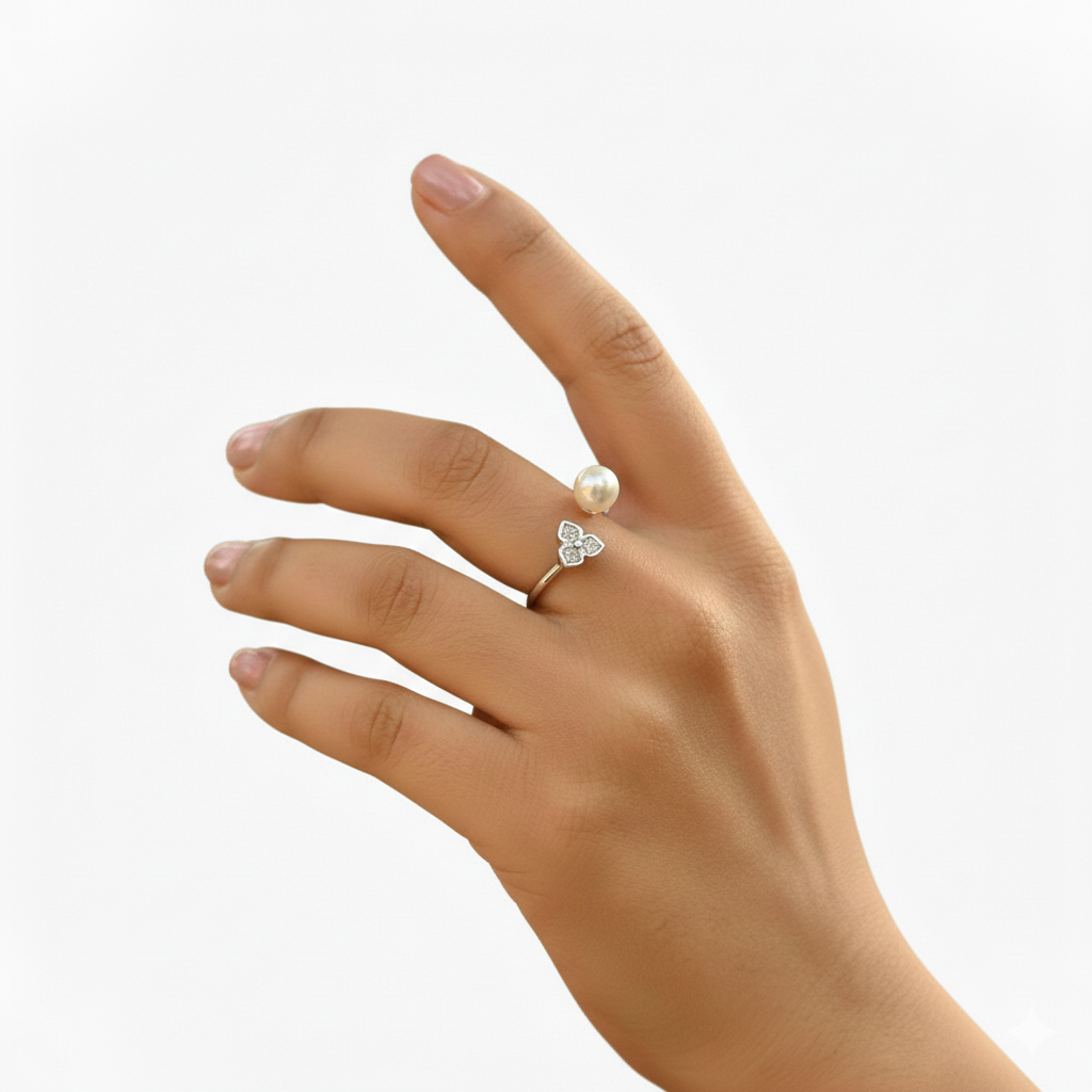 Rivansh white pearl vintage crown ring in detailed rope-rimmed 925 silver holding a genuine cultured pearl on women