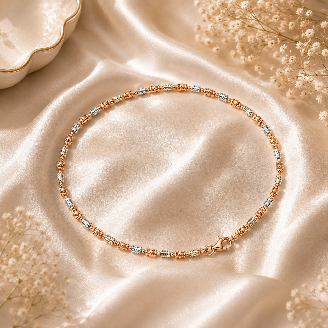 Rose gold and silver beaded anklet on a beige satin surface with dried flowers.