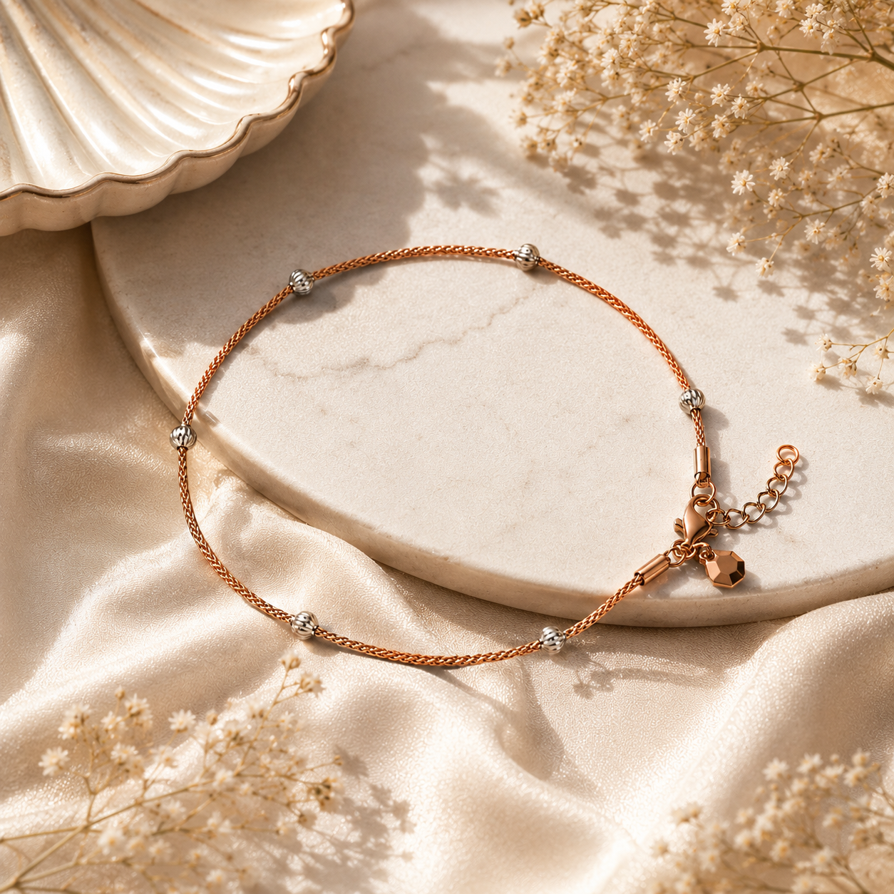 Rose gold anklet with small beads on a beige fabric background with dried flowers.