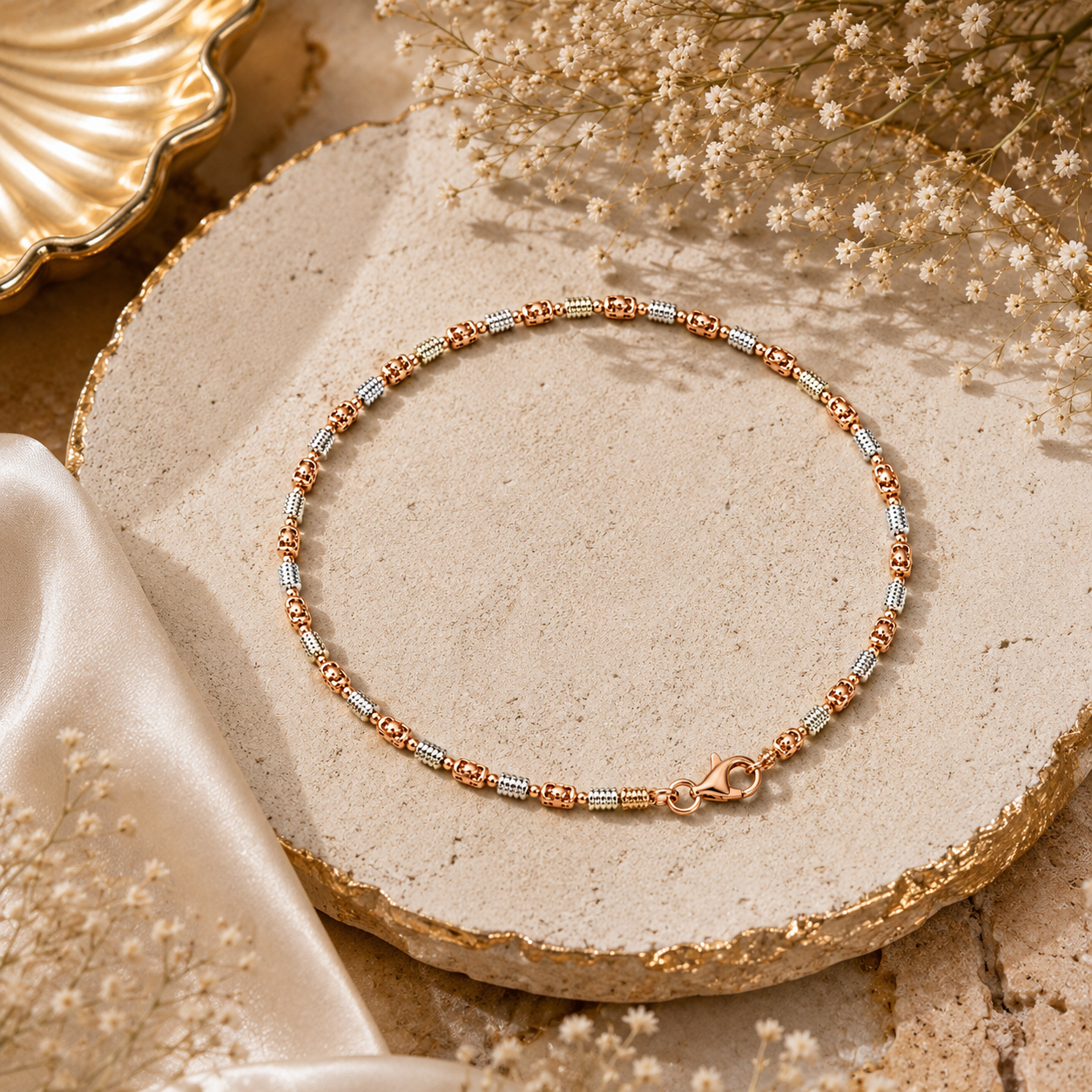 Rose gold beaded anklet on a textured stone surface with dried flowers.