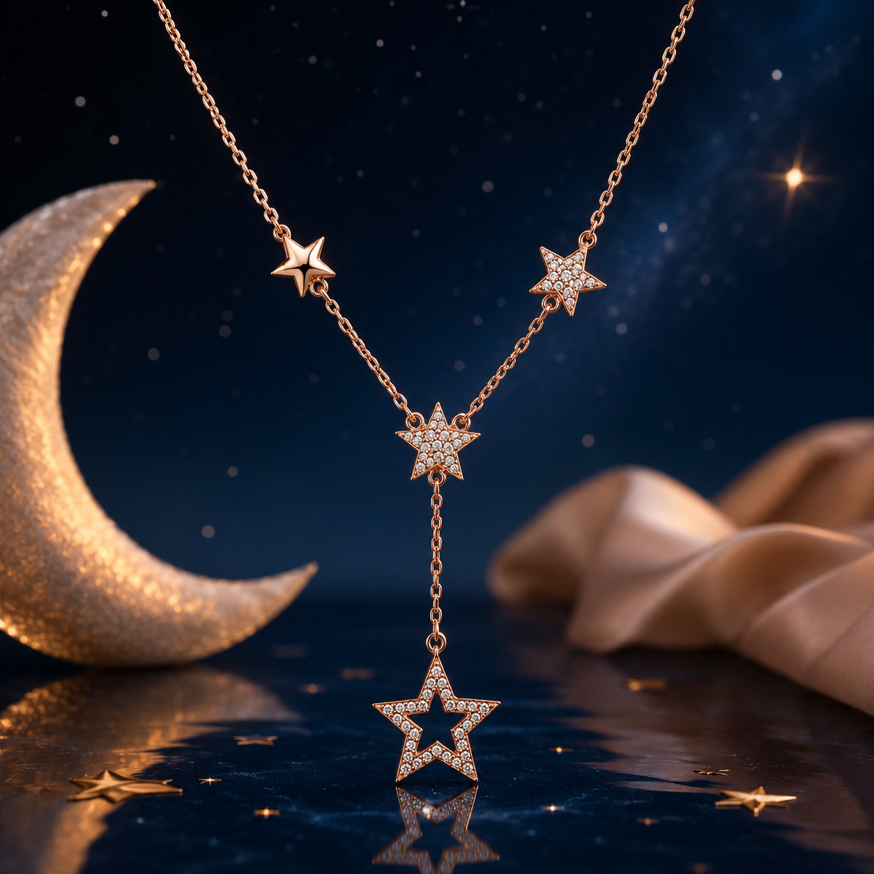 Rose gold necklace with star pendants on a dark background