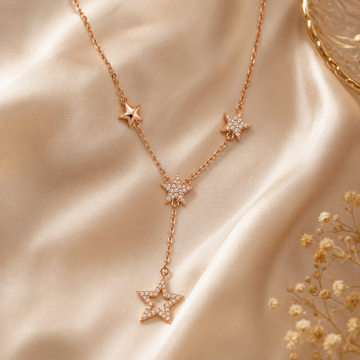 Rose gold star-shaped necklace on a satin surface with small flowers.