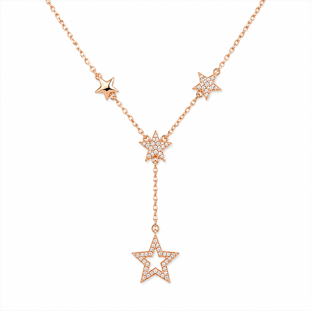 Rose gold star-shaped necklace on a white background