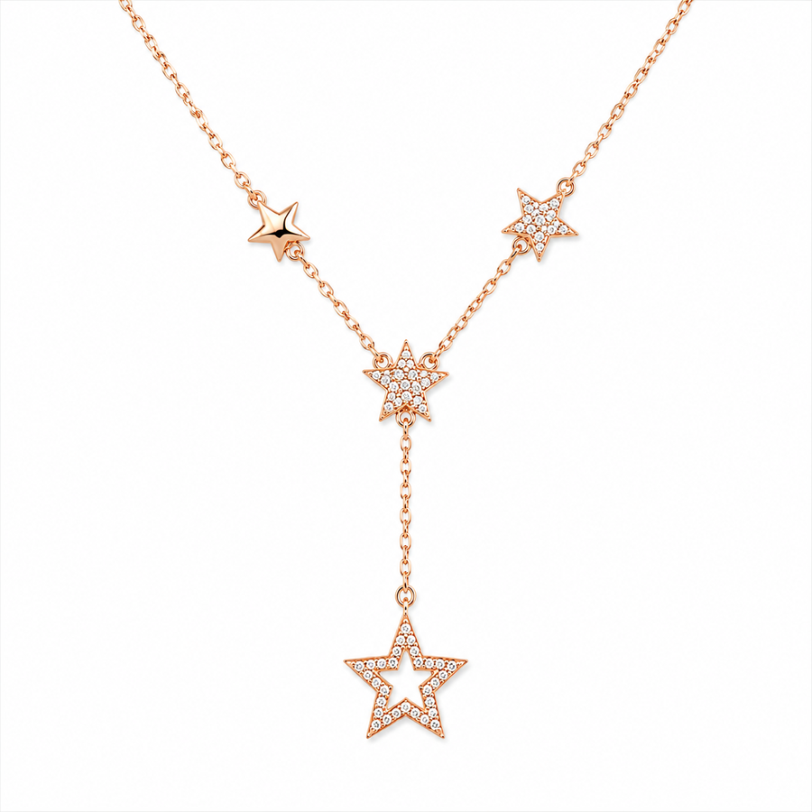 Rose gold star-shaped necklace on a white background