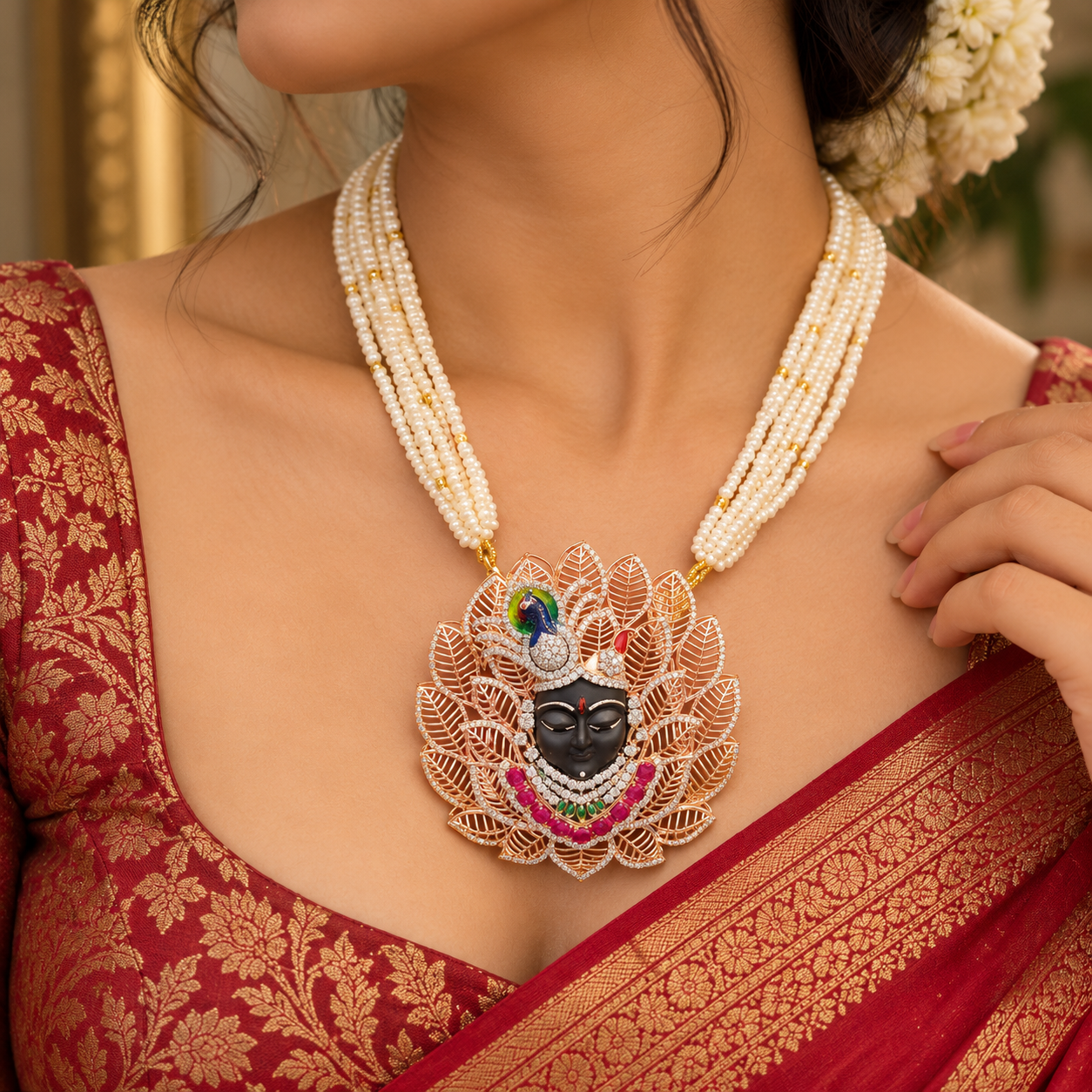 Inspired by devotion to Lord Krishna, this heritage pendant combines intricate filigree, colourful accents and detailed craftsmanship to create a meaningful statement piece.