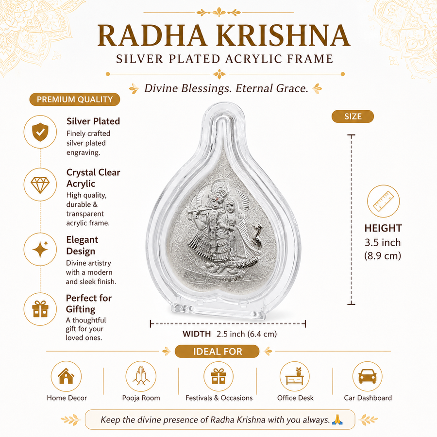 Silver-plated acrylic frame of Radha Krishna with product details on a white background