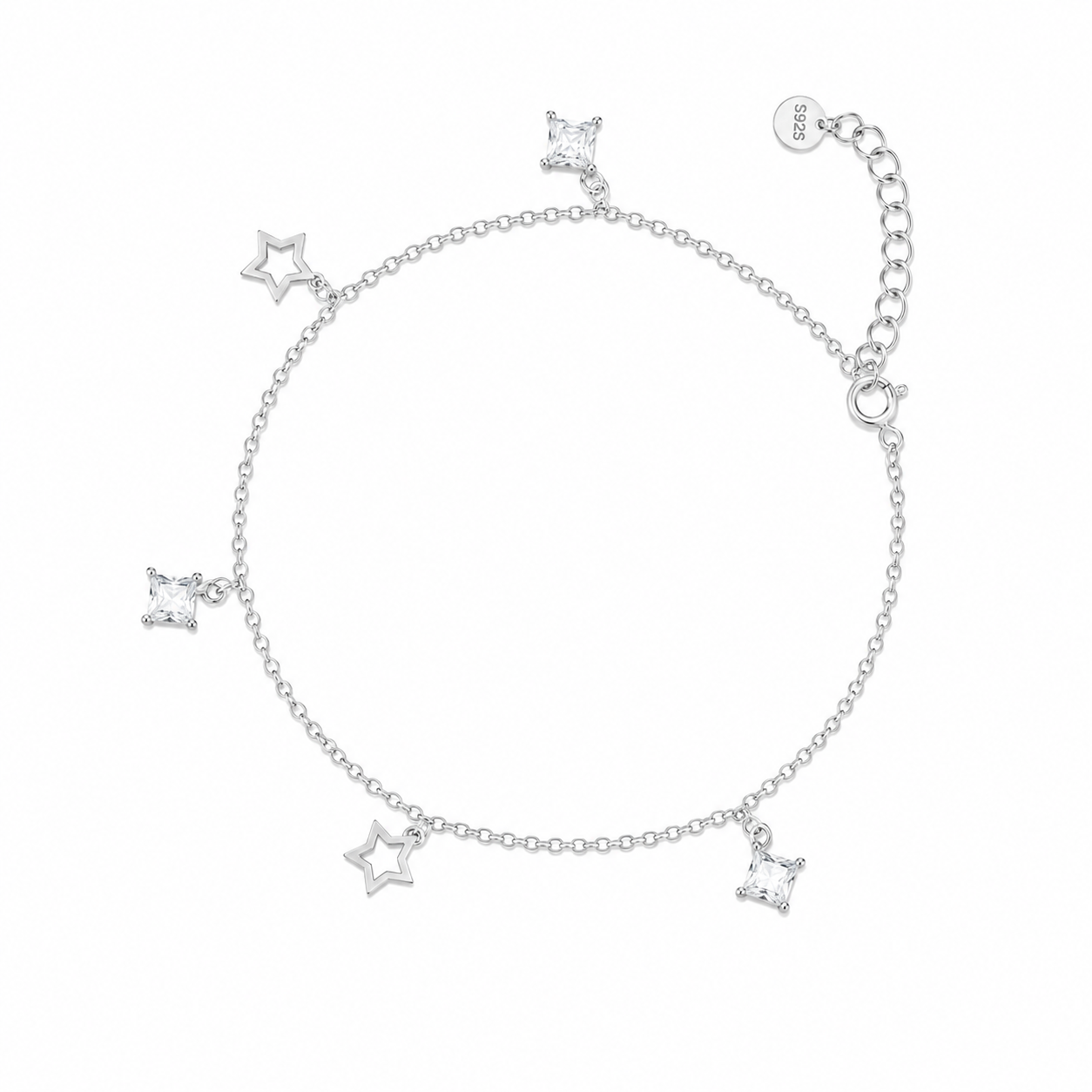Silver bracelet with star-shaped charms on a white background
