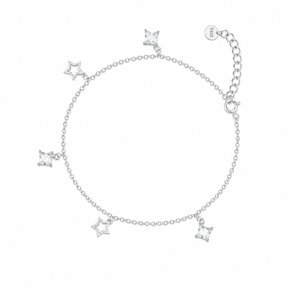 Silver bracelet with star-shaped charms on a white background