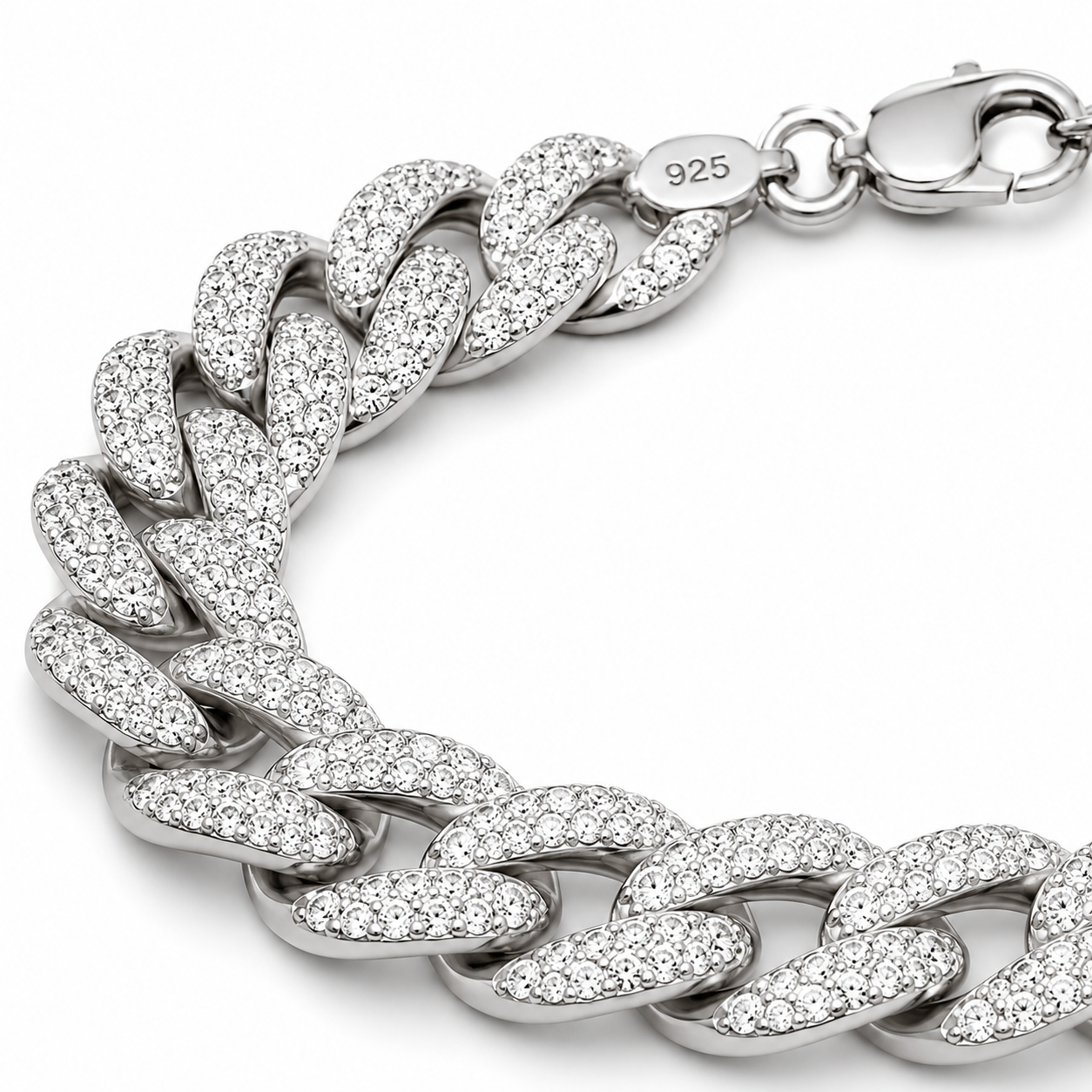 Silver chain bracelet with clear stones on a white background