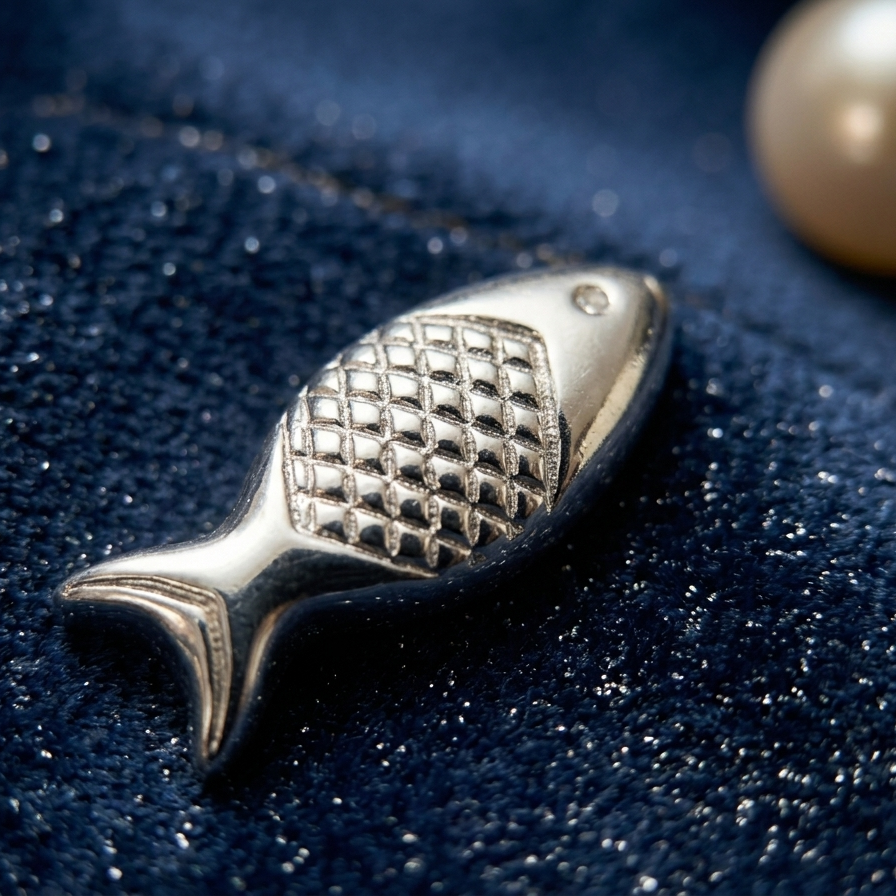 Silver fish-shaped pendant on a dark blue fabric background