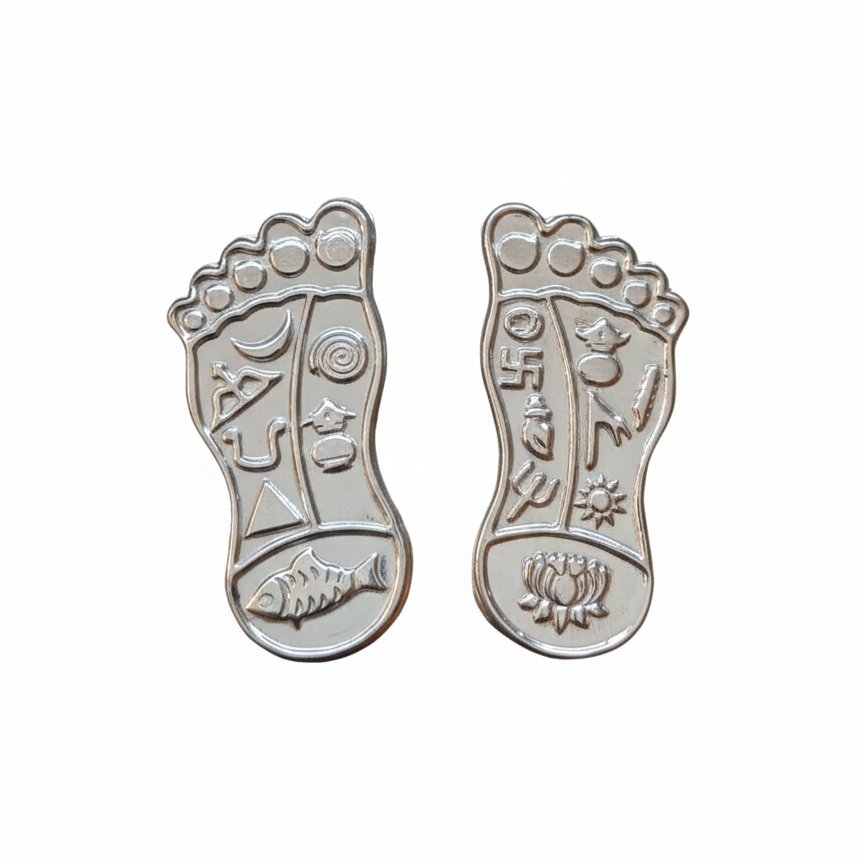 Silver foot-shaped pendants with engraved designs on a white background