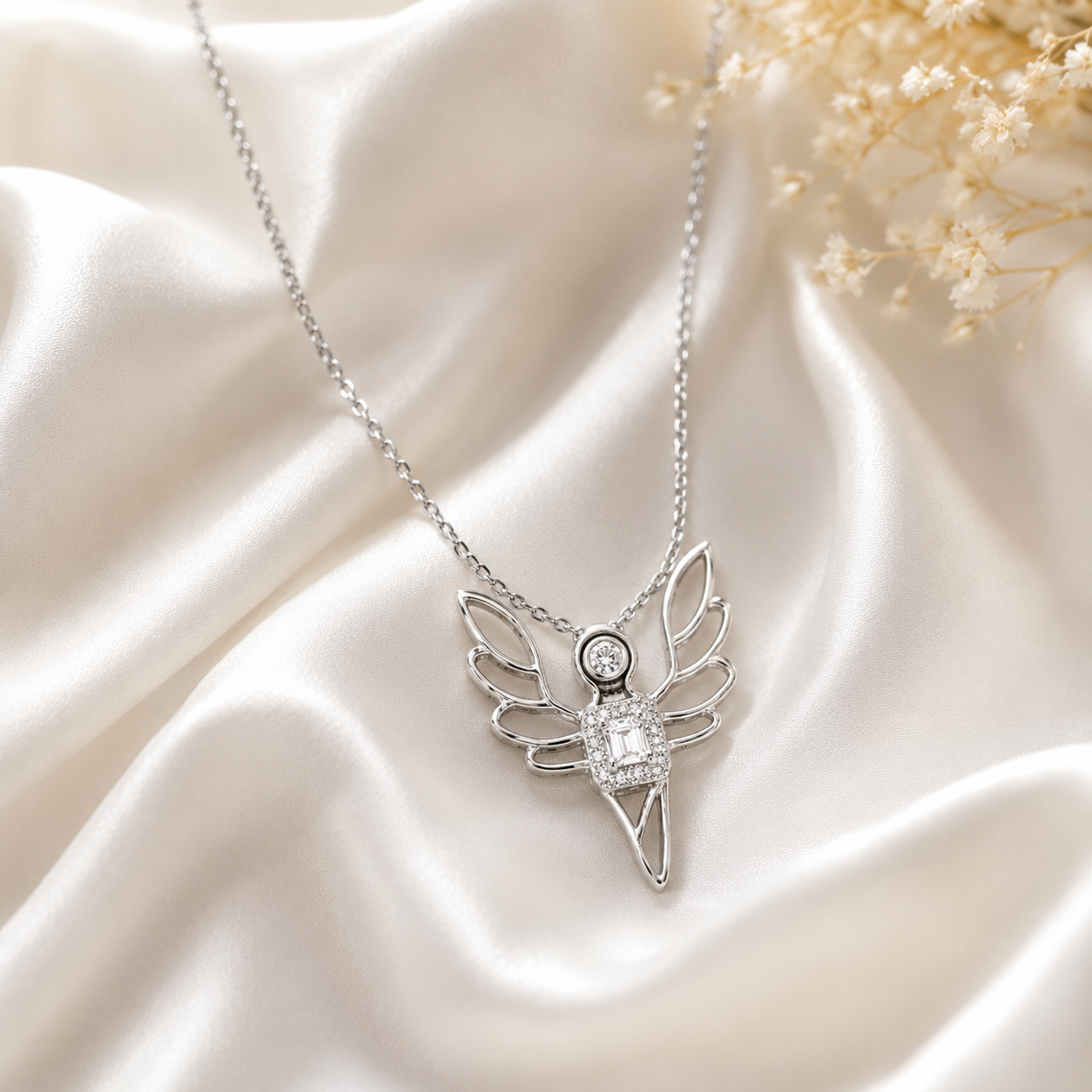 Silver necklace with a detailed pendant on a soft fabric background