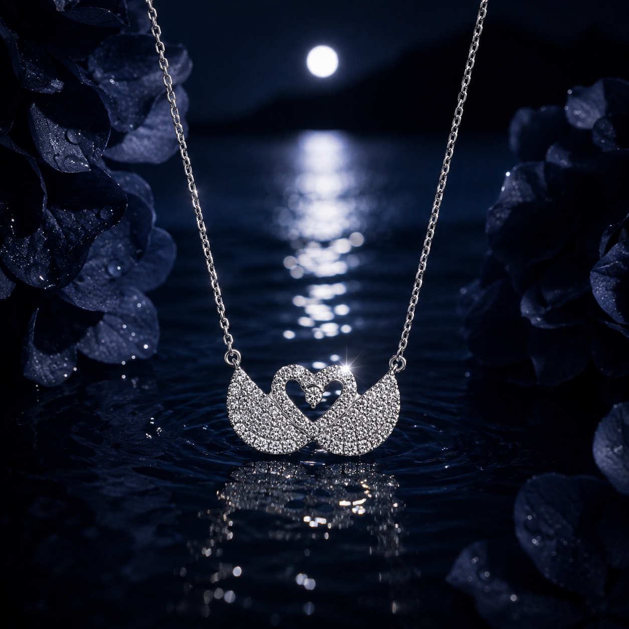 Silver necklace with a heart-shaped pendant on a reflective water surface at night.