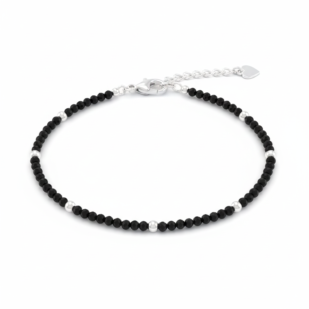 Small Black Beads Pearl Silver Anklet for Women on white - Rivansh