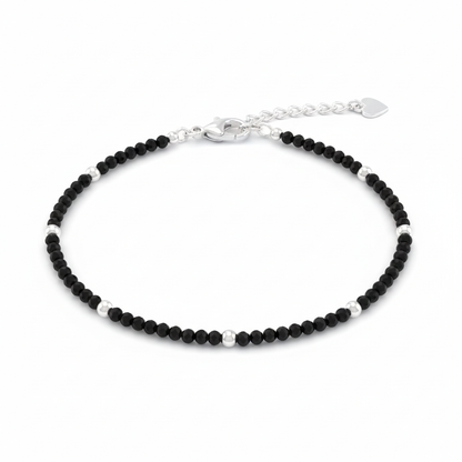 Small Black Beads Pearl Silver Anklet for Women on white - Rivansh