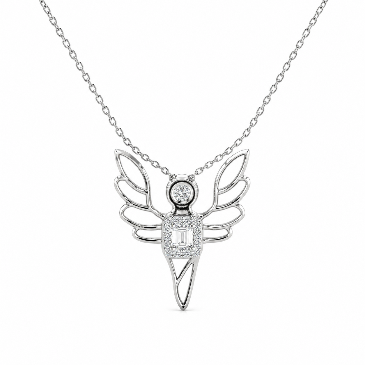 Structural wing pendant enclosing a central round brilliant-cut solitaire stone on a 925 silver chain.