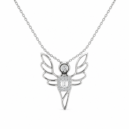 Structural wing pendant enclosing a central round brilliant-cut solitaire stone on a 925 silver chain.