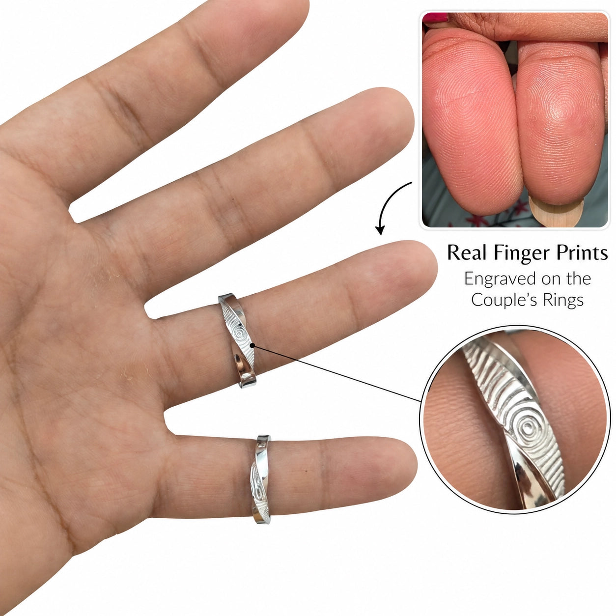 A hand wearing two silver rings with engraved finger-print patterns, alongside inset photos showing real finger prints and a close-up of the engraved design. Text reads 'Real Finger Prints Engraved on the Couple's Rings.