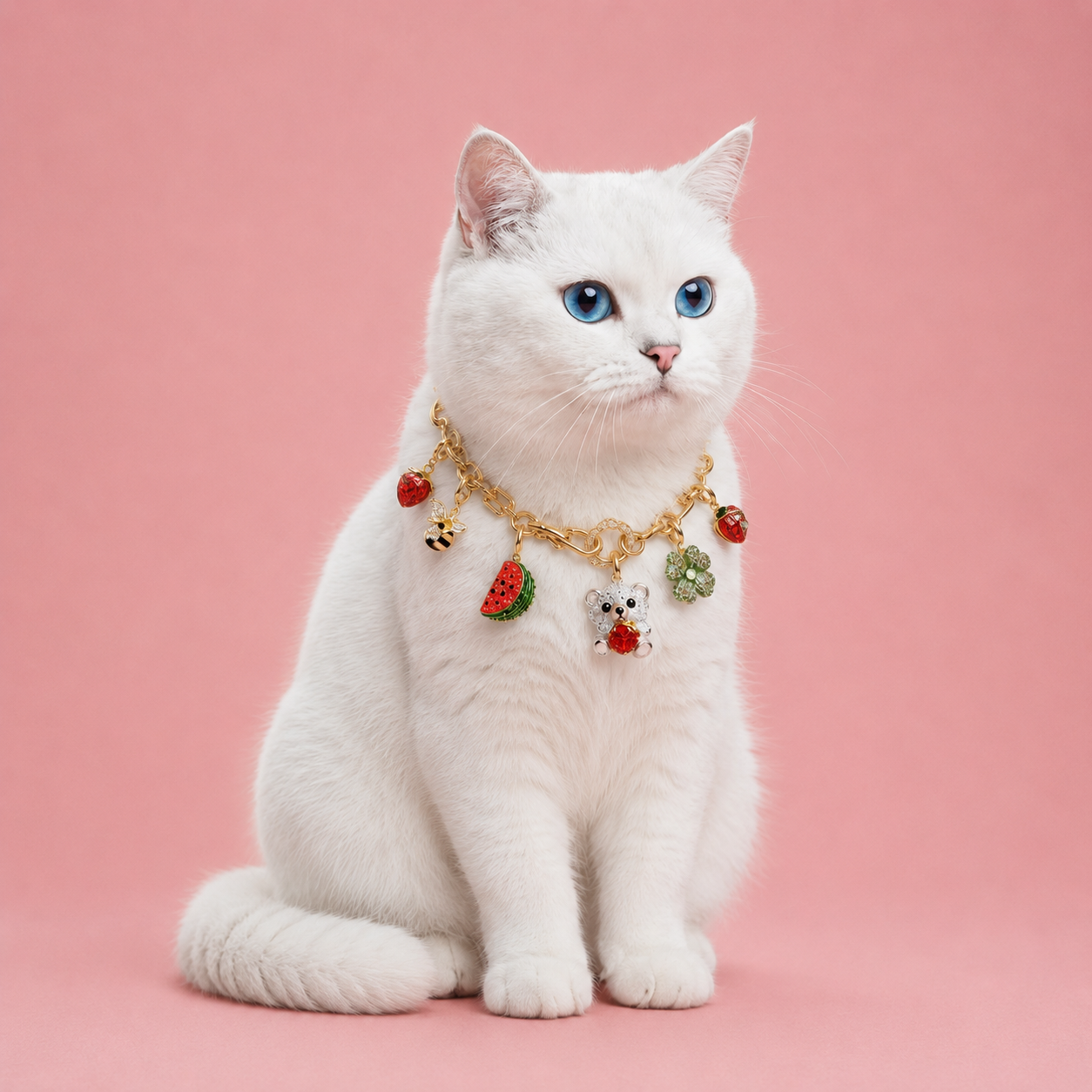 White cat with a decorative collar on a pink background