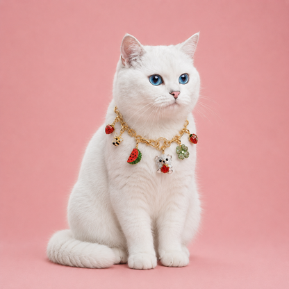 White cat with a decorative collar on a pink background
