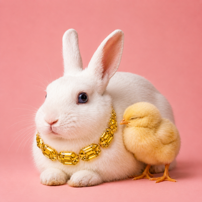 White rabbit wearing a gold necklace with a yellow chick on a pink background