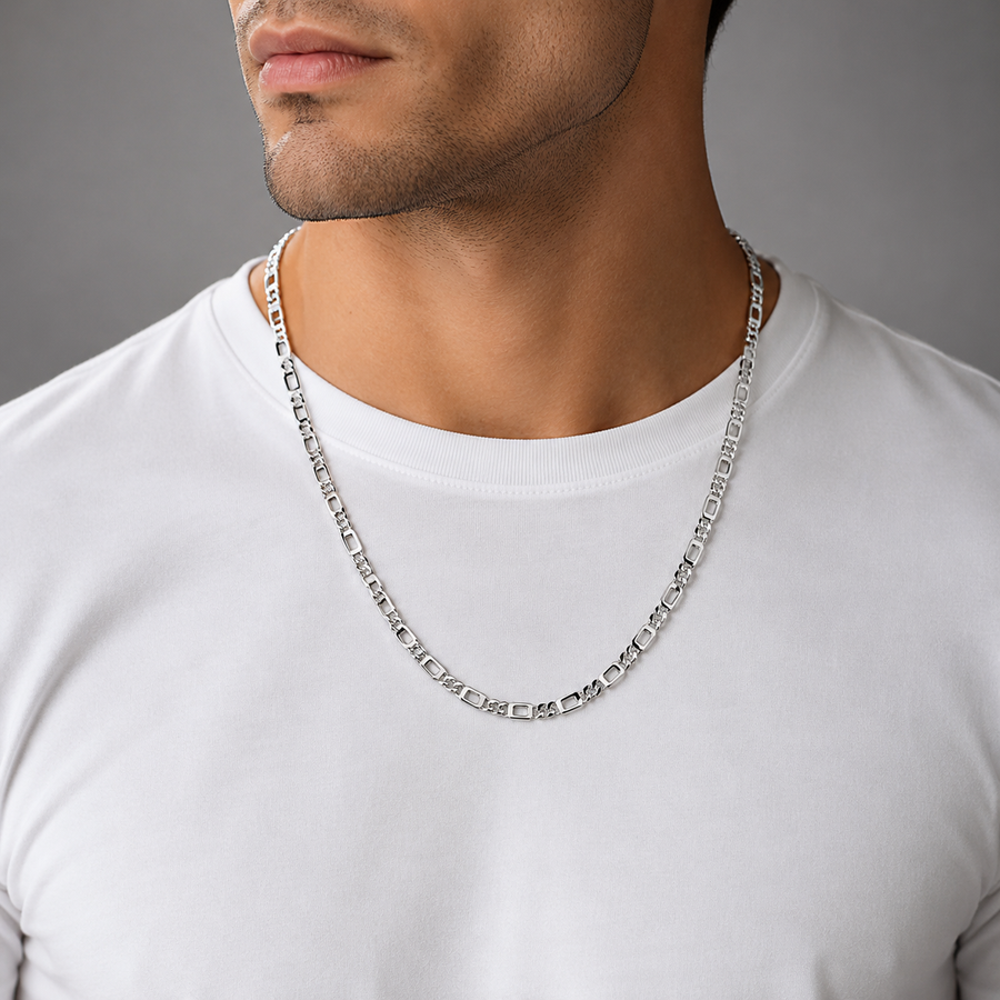 White rhodium plated 925 sterling silver Rivansh chain necklace styled for modern everyday wear