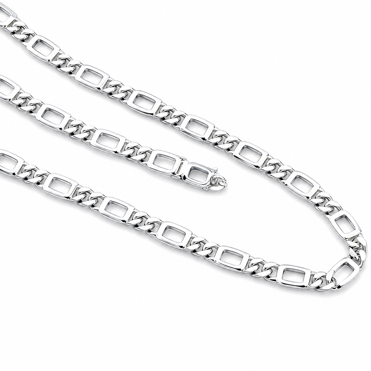 White rhodium plated 925 sterling silver Rivansh chain necklace with premium rectangular and curb link design