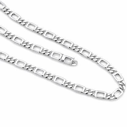 White rhodium plated 925 sterling silver Rivansh chain necklace with premium rectangular and curb link design