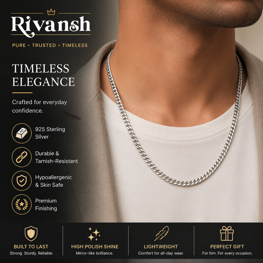 White rhodium plated 925 sterling silver curb chain necklace showing close-up link design, lobster clasp, hallmark engraving, and premium mirror-polish finish